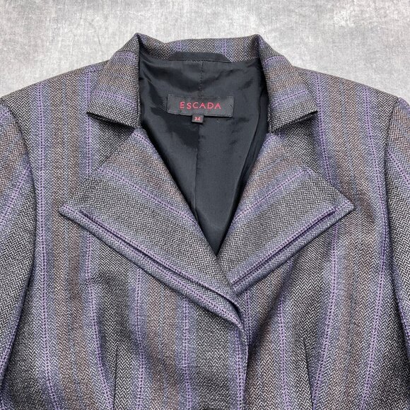 Escada Blazer Women 34 Gray Purple Stripe Herringbone Layer Collar Classic - Picture 2 of 10